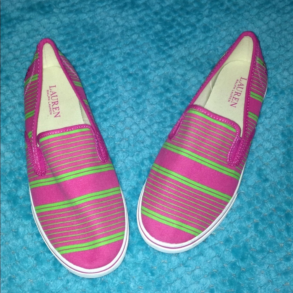 NWOT RALPH LAUREN: pink shoes with green stripes.
